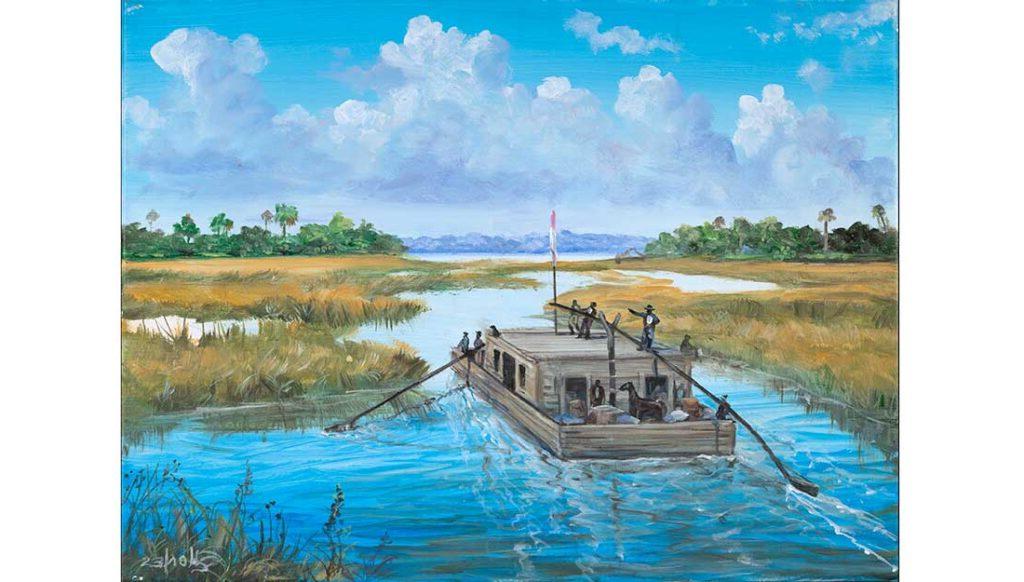 A Pontoon boat drifts on a river under a blue sky with puffy clouds.